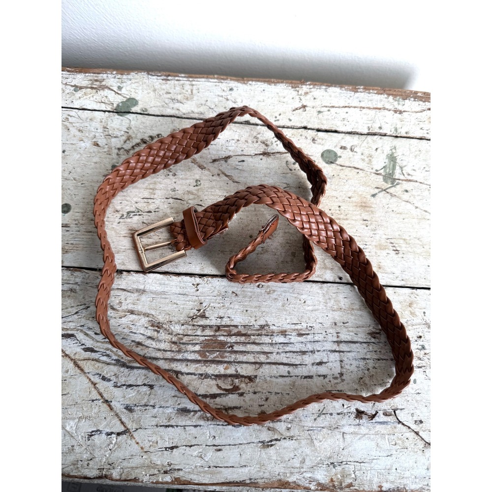 Cognac Brown Braided Woven Belt Square Buckle Faux Leather Adjustable - Picture 2 of 7